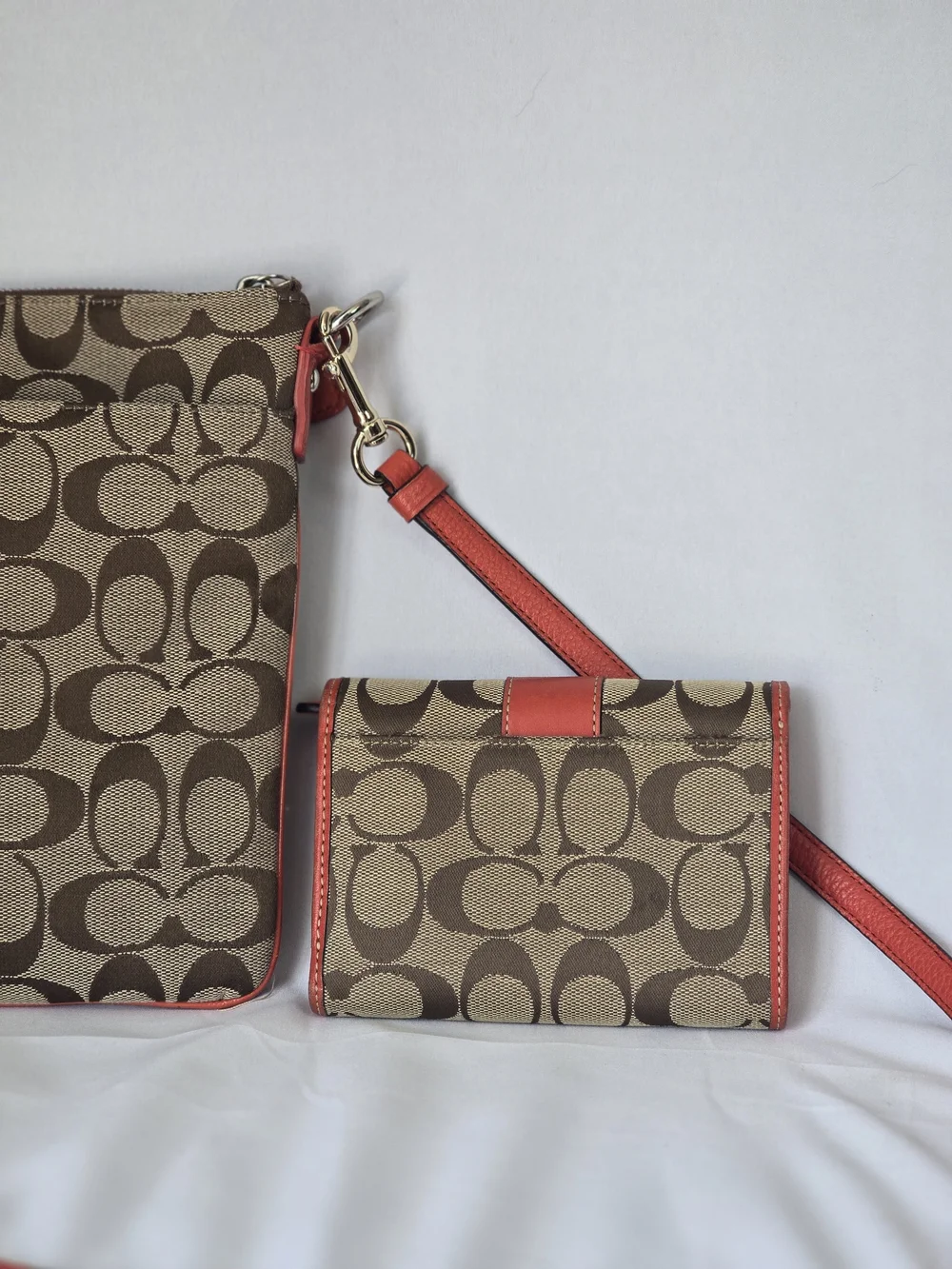 Coach Brown Signature Canvas Crossbody with Coral Trim and Matching Wallet